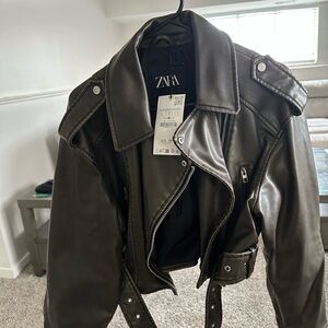Zara Men's Dark Leather Biker Jacket